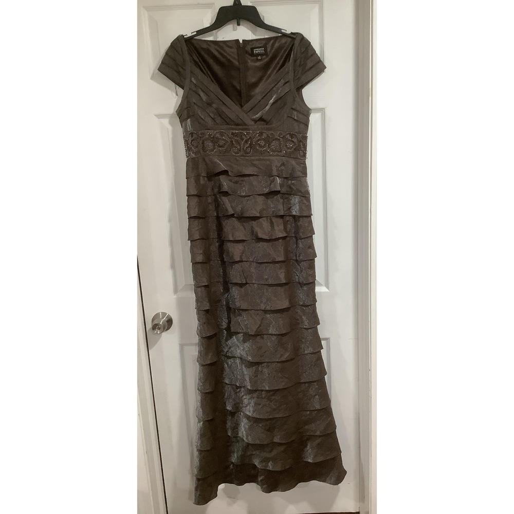 Adrianna Papell Long Formal Dress Brown Shimmering Multi Layered Beaded Wt S12 - Picture 11 of 11
